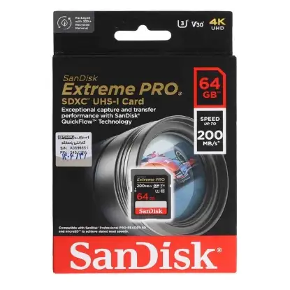 نمایش جزئیات کارت حافظه SDXC سن دیسک مدل Extreme PRO UHS-I U3 سرعت 200MB/S ظرفیت 64 گیگابایت مخصوص دوربین عکاسی