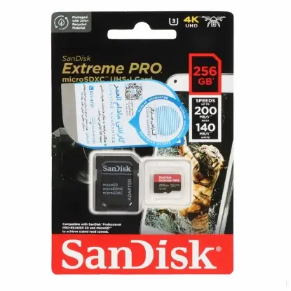 تصویر کارت حافظه microSDXC سن دیسک مدل Extreme PRO کلاس 10 UHS-I U3 سرعت 200MB/S ظرفیت 256 گیگابایت به همراه آداپتور
