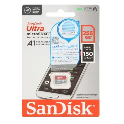 نمایش جزئیات کارت حافظه microSDXC سن دیسک مدل Ultra UHS-I Full HD سرعت 150MB/s ظرفیت 256 گیگابایت