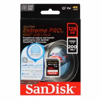 تصویر کارت حافظه SDXC سن دیسک مدل Extreme PRO UHS-I U3 سرعت 200MB/S ظرفیت 128 گیگابایت مخصوص دوربین عکاسی