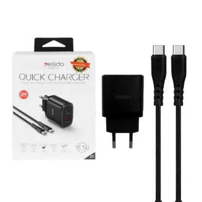 تصویر شارژر دیواری 20 وات فست شارژ دو پورت یسیدو مدل YC50 به همراه کابل شارژ USB-C