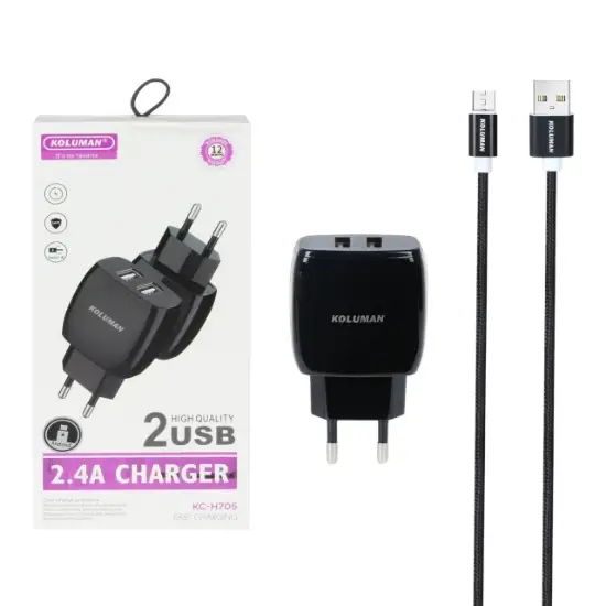 تصویر شارژر دیواری فست دو پورت کلومن مدل KC-H705 به همراه کابل شارژ MicroUSB