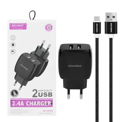 نمایش جزئیات شارژر دیواری فست دو پورت کلومن مدل KC-H705 به همراه کابل شارژ USB-C