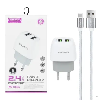 نمایش جزئیات شارژر دیواری فست دو پورت کلومن مدل KC-H805 به همراه کابل شارژ USB-C