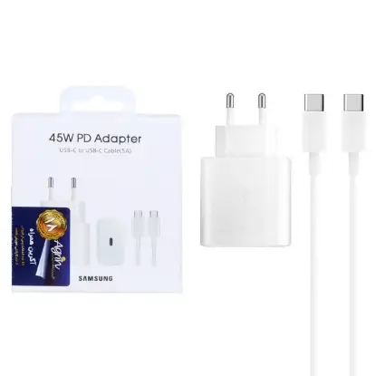 نمایش جزئیات شارژر دیواری 45 وات سامسونگ مدل EP-TA845 به همراه کابل تبدیل USB-C دوپین