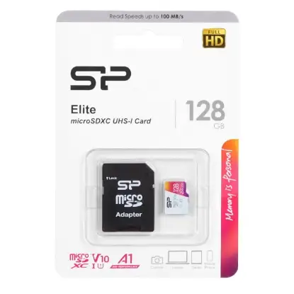 نمایش جزئیات کارت حافظه microSDXC سیلیکون پاور مدل Elite کلاس 10 استاندارد U1 سرعت 100MBps ظرفیت 128 گیگابایت به همراه آداپتور SD