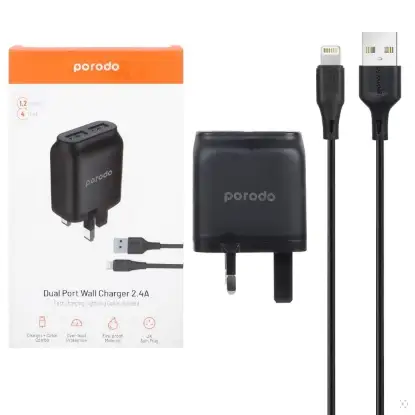 نمایش جزئیات شارژر دیواری 12 وات پرودو مدل PD-0203LU2 به همراه کابل شارژ لایتنینگ