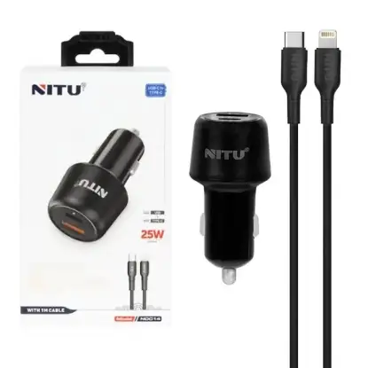 نمایش جزئیات شارژر فندکی 25 وات دو پورت نیتو مدل NDC14 همراه با کابل USB-C به لایتنینگ