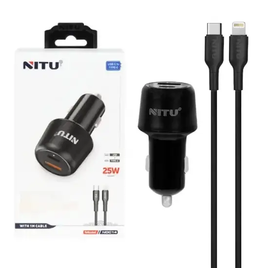 تصویر شارژر فندکی 25 وات دو پورت نیتو مدل NDC14 همراه با کابل USB-C به لایتنینگ