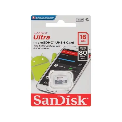 نمایش جزئیات کارت حافظه microSDHC سن دیسک مدل Ultra UHS-I کلاس 10 سرعت 80MB/S- 533X و ظرفیت 16 گیگابایت