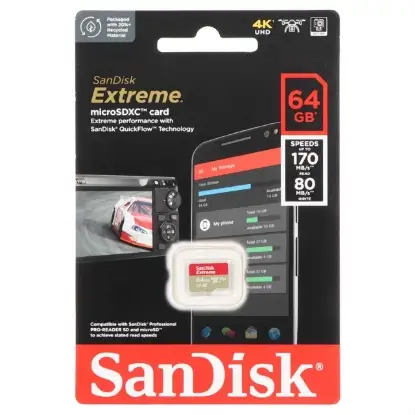 نمایش جزئیات کارت حافظه microSDXC سن دیسک مدل Extreme U3 A2 V30 سرعت 170MBps ظرفیت 64 گیگابایت