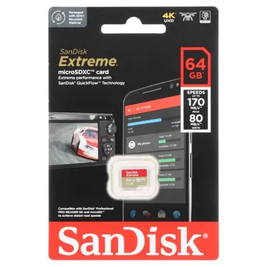 تصویر کارت حافظه microSDXC سن دیسک مدل Extreme U3 A2 V30 سرعت 170MBps ظرفیت 64 گیگابایت