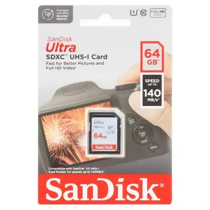 نمایش جزئیات کارت حافظه microSDXC سن دیسک مدل UHS-I U1 سرعت 140MB/sو ظرفیت 64 گیگابایت مخصوص دوربین عکاسی