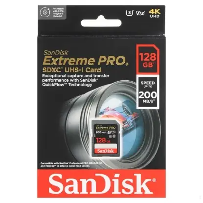 نمایش جزئیات کارت حافظه microSDXC سن دیسک مدل Extreme Pro UHS-I U3 سرعت 200MB/sو ظرفیت 128 گیگابایت مخصوص دوربین عکاسی