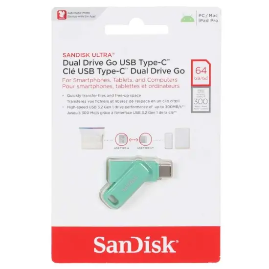 تصویر فلش مموری سن دیسک مدل Ultra Dual Drive Go USB Type-C USB3.2 ظرفیت 64 گیگابایت