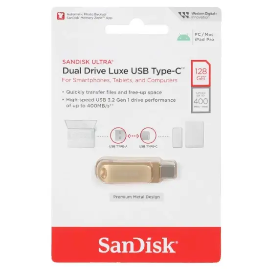 تصویر فلش مموری سن دیسک مدل Ultra Dual Drive Luxe USB Type-C USB3.2 ظرفیت 128 گیگابایت