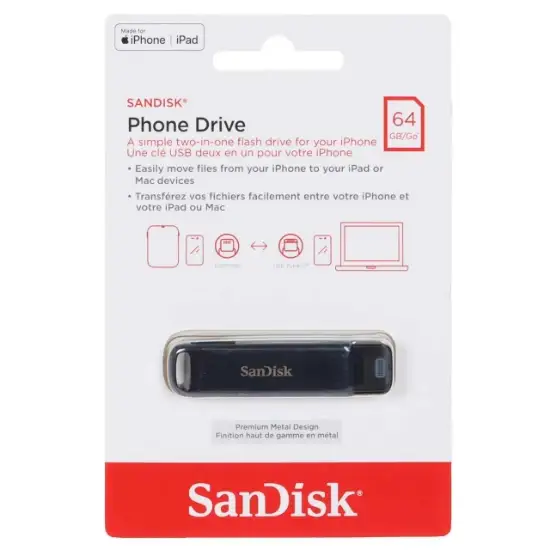 تصویر فلش مموری سن دیسک مدل Phone Drive USB Type-C Lightning ظرفیت 64 گیگابایت