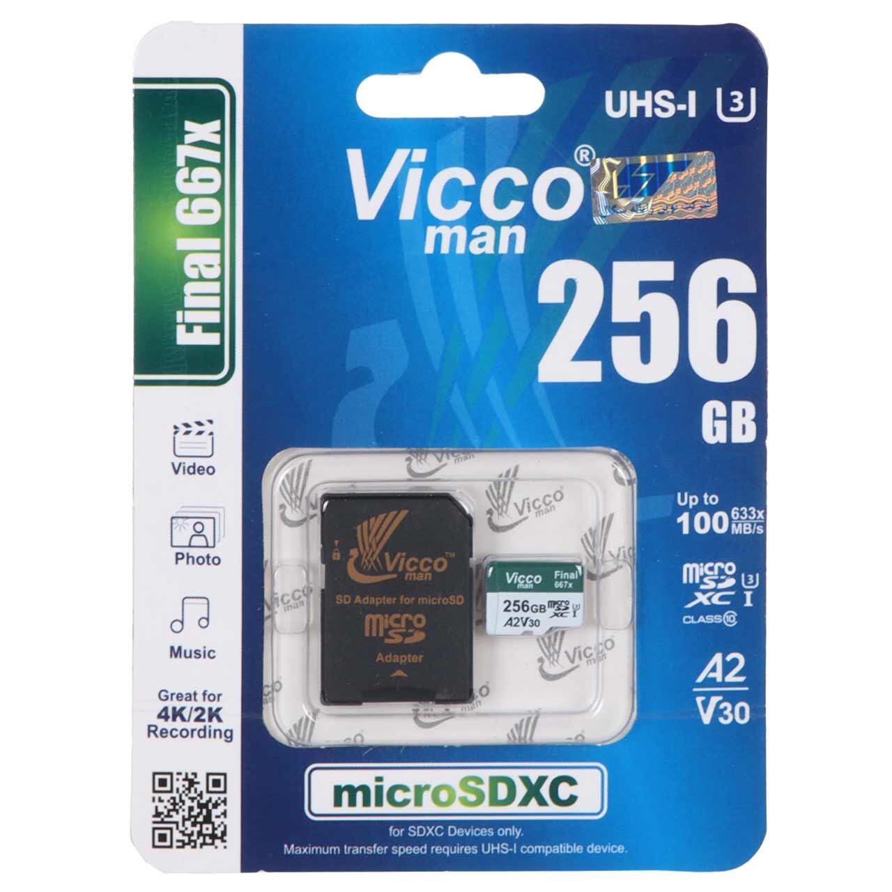 کارت حافظه microSDXC ویکومن مدل Final 667X کلاس 10 استاندارد UHS-I U3 A2 V30 سرعت 100MBps ظرفیت 256 گیگابایت به همراه کارت خوان