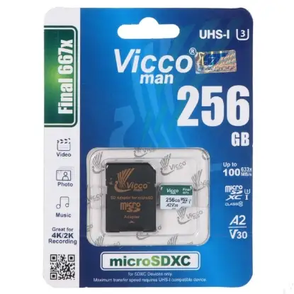 نمایش جزئیات کارت حافظه microSDXC ویکومن مدل Final 667X کلاس 10 استاندارد UHS-I U3 A2 V30 سرعت 100MBps ظرفیت 256 گیگابایت به همراه کارت خوان