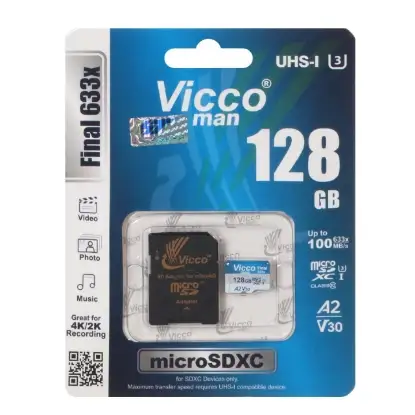 نمایش جزئیات کارت حافظه microSDXC ویکومن مدل Final 633X کلاس 10 استاندارد UHS-I U3 سرعت 100MBps ظرفیت 128 گیگابایت همراه با کارتخوان
