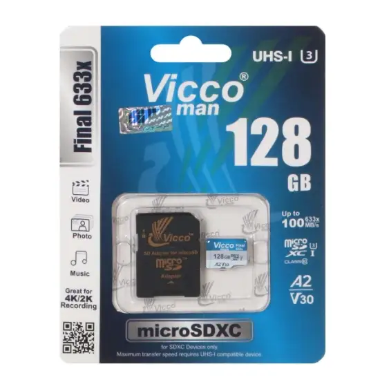 تصویر کارت حافظه microSDXC ویکومن مدل Final 633X کلاس 10 استاندارد UHS-I U3 سرعت 100MBps ظرفیت 128 گیگابایت همراه با کارتخوان