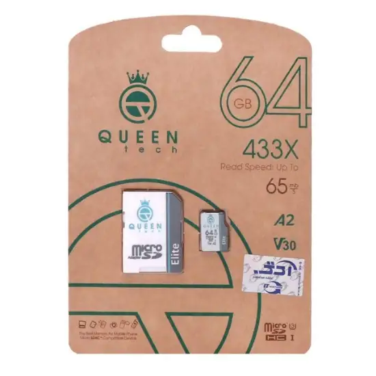 تصویر کارت حافظه microSDHC کوئین تک مدل 433X کلاس 10 استاندارد U3 سرعت 65MBps ظرفیت 64 گیگابایت به همراه کارتخوان