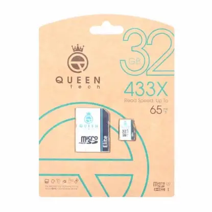 نمایش جزئیات کارت حافظه microSDHC کوئین تک مدل 433X کلاس 10 استاندارد U1 سرعت 65MBps ظرفیت 32 گیگابایت به همراه کارتخوان