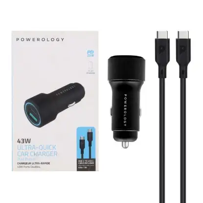 نمایش جزئیات شارژر فندکی 43 وات پاورولوژی مدل PQCPDCCCBK به همراه کابل USB-C