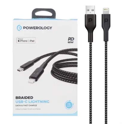 نمایش جزئیات کابل تبدیل USB-C به لایتنینگ فست پاورولوژی مدل P23BRAL12BK طول 1.2 متر