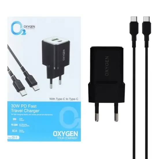 تصویر شارژر دیواری 30 وات اکسیژن دو پورت مدل CH-9 به همراه کابل Type-C به Type-C
