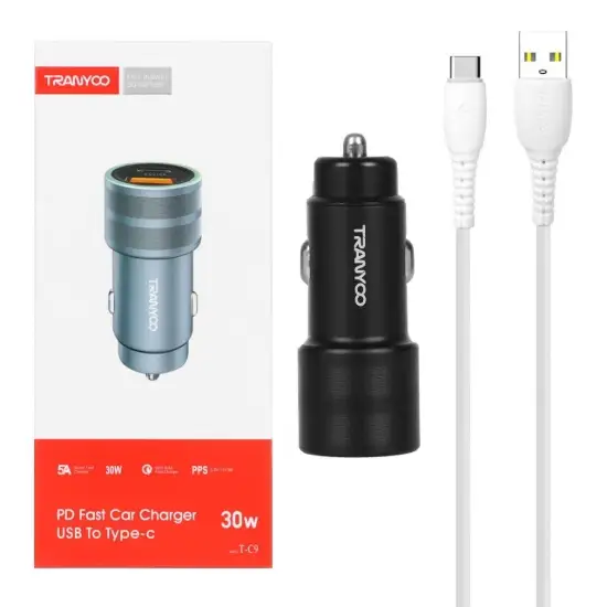 تصویر شارژر فندکی 30 وات ترانیو مدل T-C9 به همراه کابل تبدیل Type-C