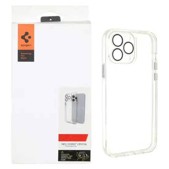 تصویر قاب گوشی موبایل اسپیگن مدل پشت سخت شفاف محافظ لنز گلس دار