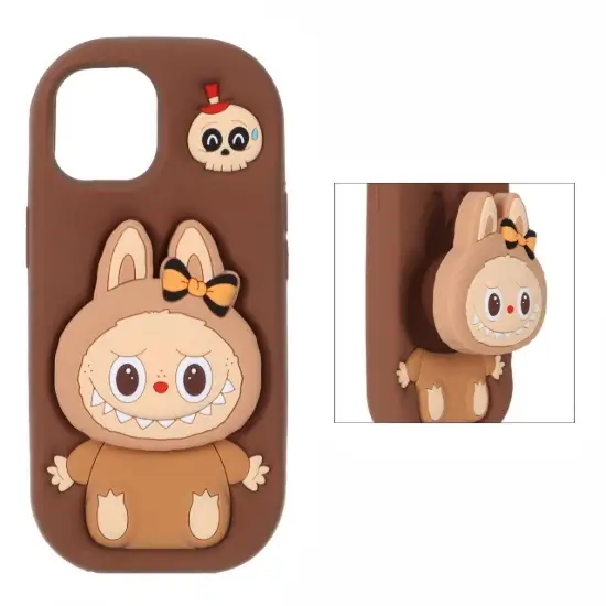 تصویر قاب گوشی موبایل سیلیکونی مدل Labubu استند شو پایپون دار