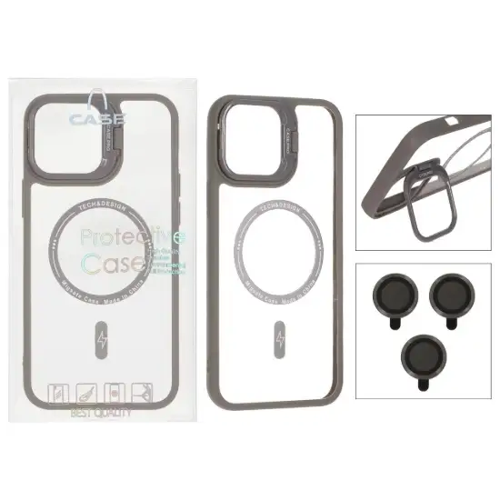 تصویر قاب گوشی موبایل کیس پرو مدل استندشو مگ سیف دار با ست محافظ لنز رینگی