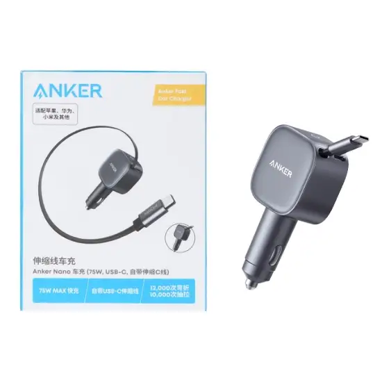 تصویر شارژر فندکی دو پورت 75 وات انکر مدل A2738 به همراه کابل متصل USB-C