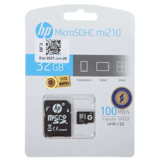 تصویر کارت حافظه microSDHC اچ پی مدل mi210 کلاس 10 استاندارد U1 سرعت 100MBps ظرفیت32 گیگابایت