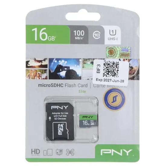 تصویر کارت حافظه microSDHC پی ان وای مدل Elite کلاس 10سرعت U1 UHS-I 100MBps ظرفیت 16 گیگابایت