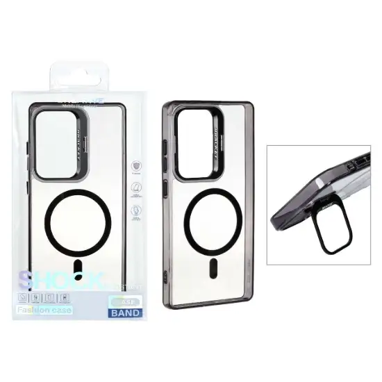 تصویر قاب گوشی موبایل براکت مدل کریستالی مگ سیف دار محافظ لنزدار آلومینیومی استندشو