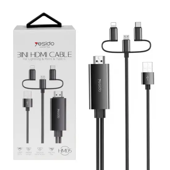 تصویر کابل تبدیل HDMI به لایتنینگ و microUSB و USB-C یسیدو مدل HM05