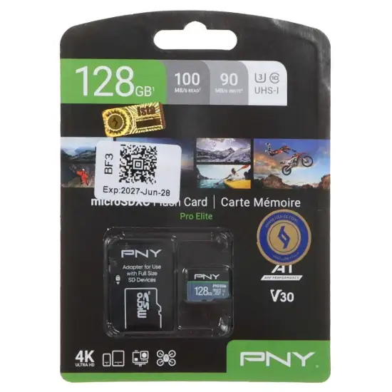 تصویر کارت حافظه microSDXC پی ان وای مدل Pro Elite کلاس 10سرعت U3 UHS-I 100MBps ظرفیت 128 گیگابایت