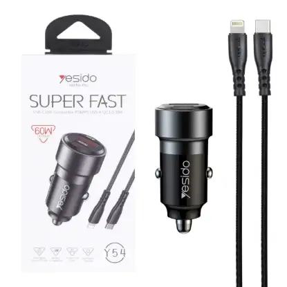 نمایش جزئیات شارژر فندکی 60 وات دو پورت یسیدو مدل Y54  همراه کابل USB-C به لایتینگ