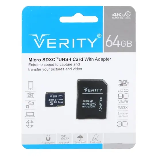 تصویر کارت حافظه microSDXC وریتی مدل Extreme کلاس 10 سرعت 80MBps ظرفیت 64 گیگابایت به همراه آداپتور SD