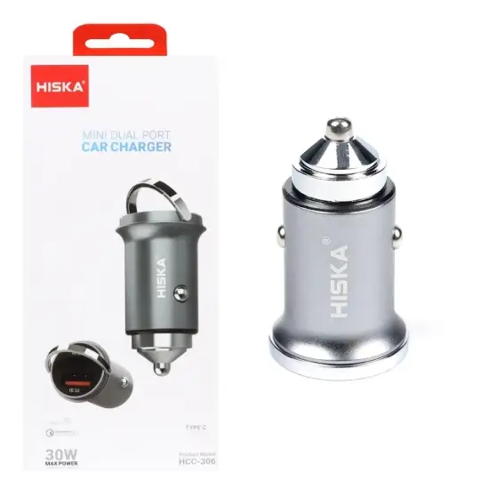 تصویر شارژر فندکی 30 وات دو پورت هیسکا مدل HCC-309Q به همراه کابل شارژ USB-C به USB-C