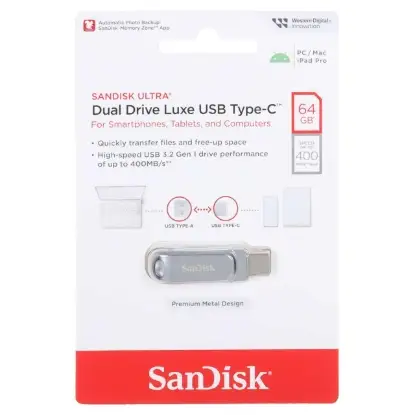 نمایش جزئیات فلش مموری سن دیسک مدل Ultra Dual Drive Luxe USB3.2 ظرفیت 64 گیگابایت