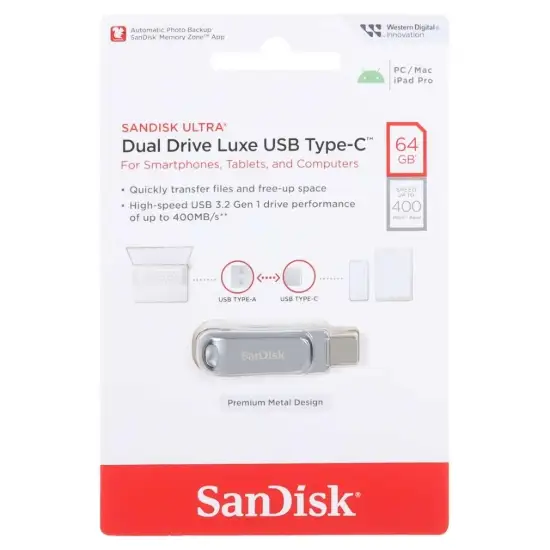 تصویر فلش مموری سن دیسک مدل Ultra Dual Drive Luxe USB3.2 ظرفیت 64 گیگابایت