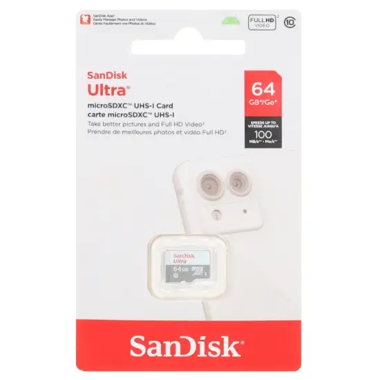 تصویر کارت حافظه microSDHC سن دیسک مدل Ultra کلاس 10 سرعت 100MB/S و ظرفیت 64 گیگابایت