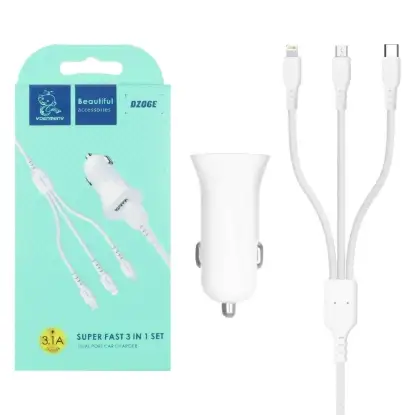 نمایش جزئیات شارژر فندکی 15 وات دو پورت دنمن مدل  DZ06E به همراه کابل شارژ سه کاره