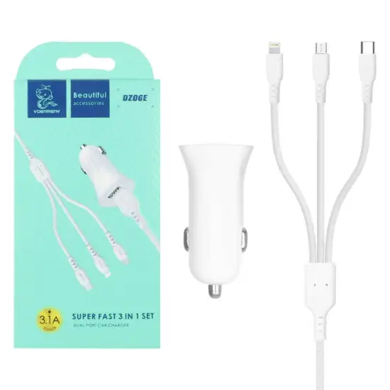 تصویر شارژر فندکی 15 وات دو پورت دنمن مدل  DZ06E به همراه کابل شارژ سه کاره