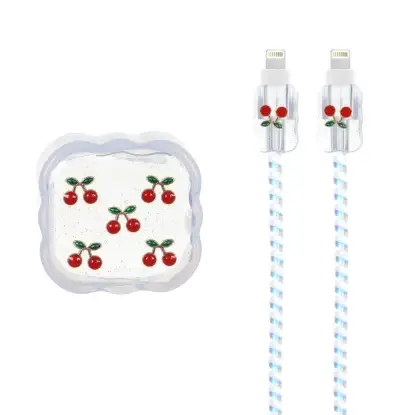 نمایش جزئیات ست سیلیکونی عروسکی محافظ کابل و شارژر اپل 20 وات طرح آلبالو