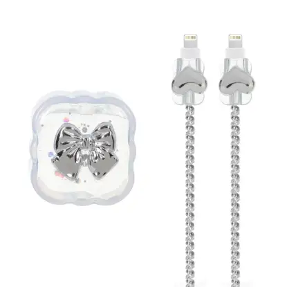 نمایش جزئیات ست سیلیکونی عروسکی محافظ کابل و شارژر اپل 20 وات طرح قلب و پاپیون